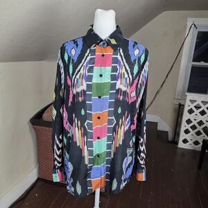 Vilagallo Ikat Print Button Front Shirt Blouse Black Multicolor Women’s Size 40